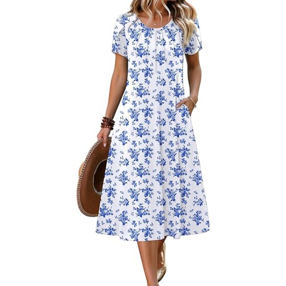 Women's Blue Floral  Blend Crew-Neck A-Line Short Sleeve Flowy Boho Sundress